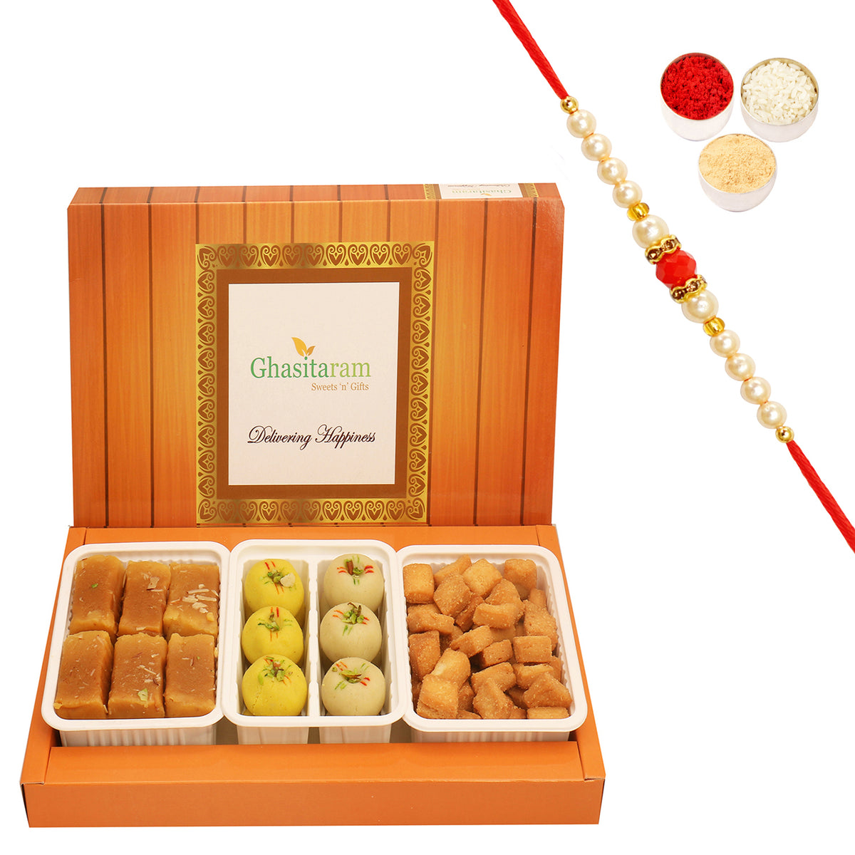 Assorted Box of Mawa Peda, Soft Mysore Pak and Shakar Pada with Beads Rakhi