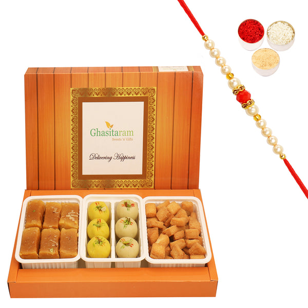Assorted Box of Mawa Peda, Soft Mysore Pak and Shakar Pada with Beads Rakhi