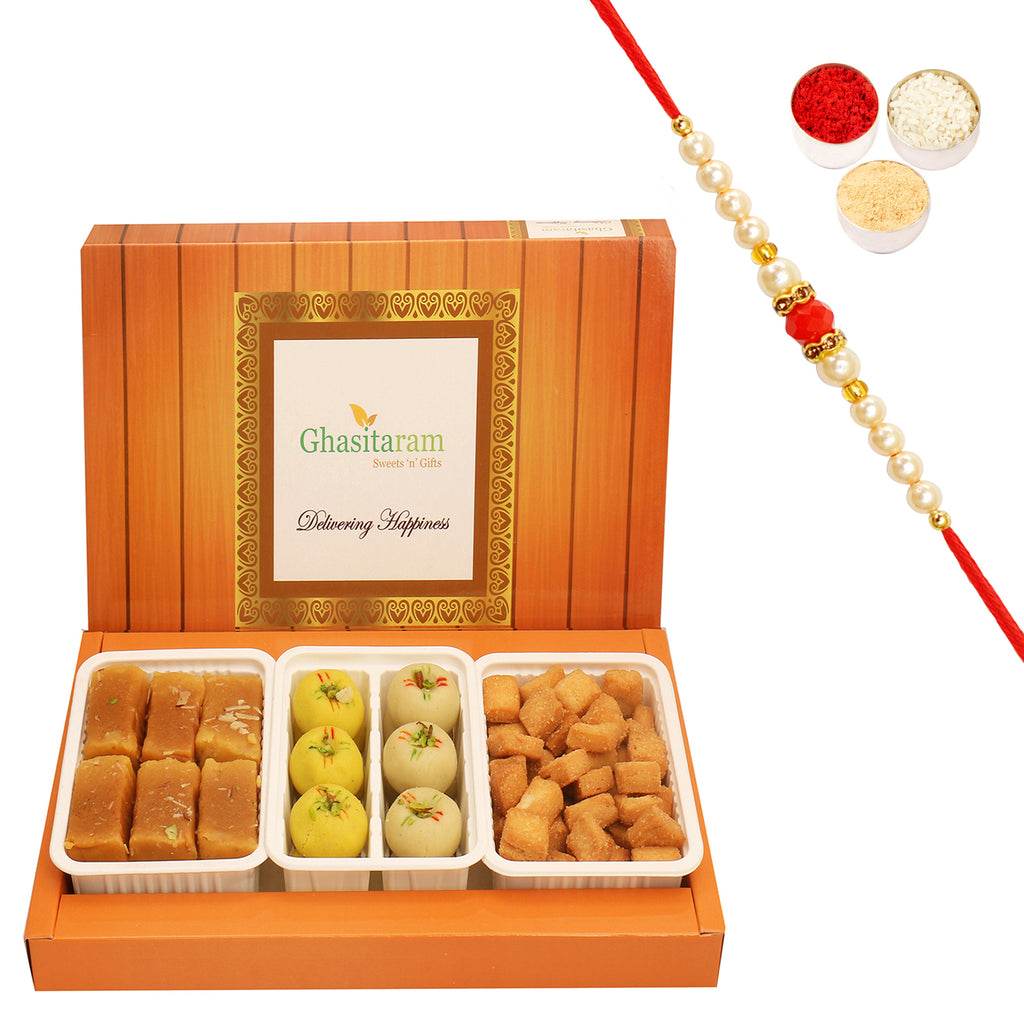 Assorted Box of Mawa Peda, Soft Mysore Pak and Shakar Pada with Beads Rakhi