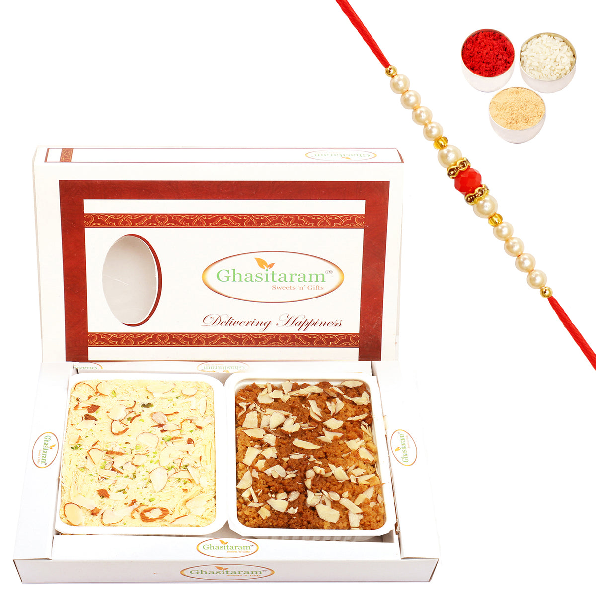 Milk Cake and Soan Papdi Hamper with Beads Rakhi