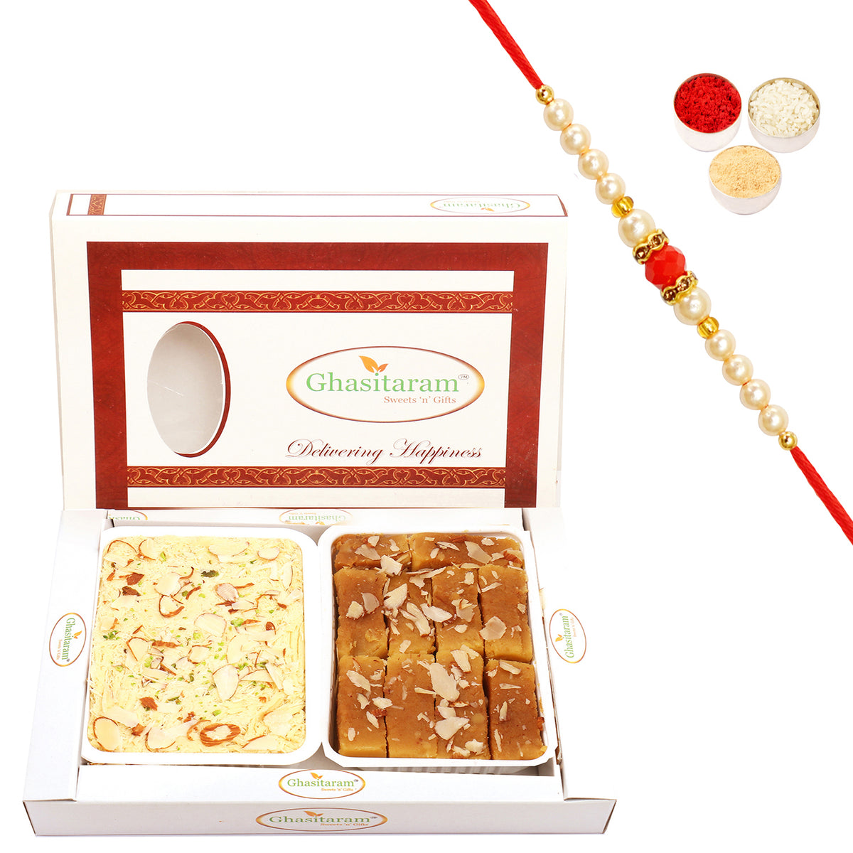 Mysore Pak and Soan Papdi Hamper with Beads Rakhi