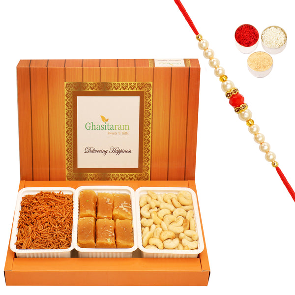 Assorted Box of Mysore Pak, Soya Sev and Cashew Shaped Biscuits with Beads Rakhi