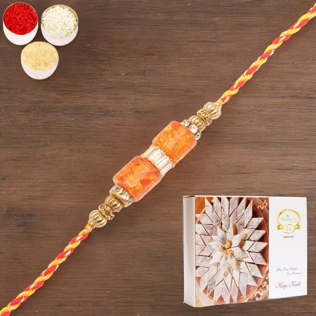 Rakhis Online Australia-RM598 - Orange Stone Bracelet Rakhi with 200 gms of Kaju katli