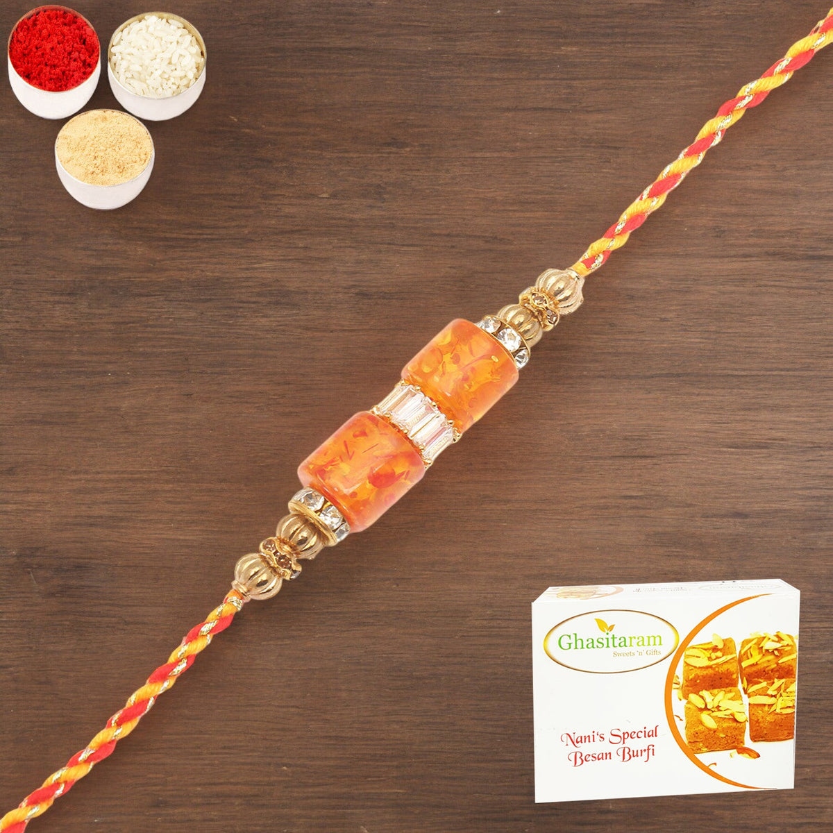 Rakhis Online Australia-RM598 - Orange Stone Bracelet Rakhi  with 200 gms Besan Barfi