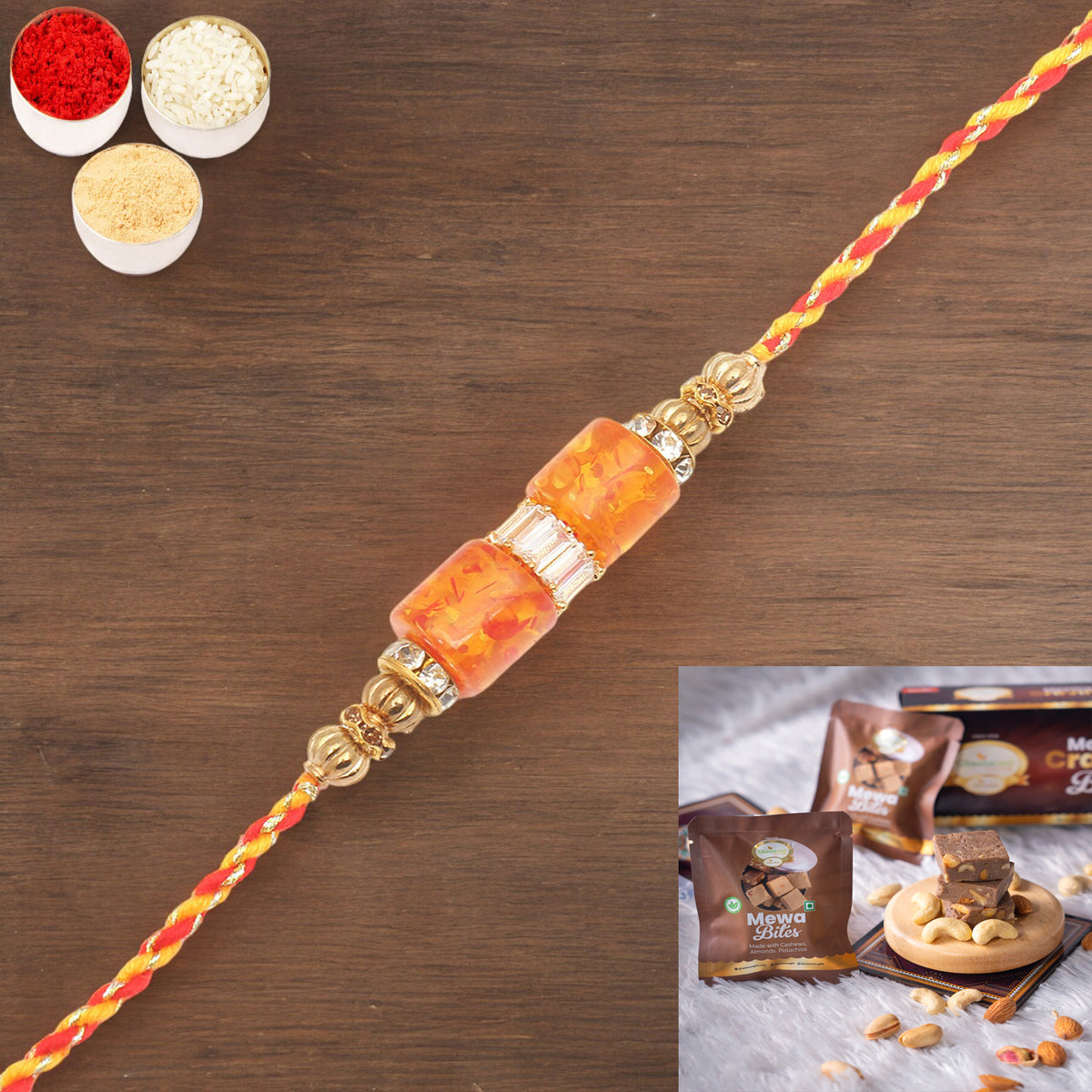 Rakhis Online UK-RM598 - Orange Stone Bracelet Rakhi  with  Mewa Bites box