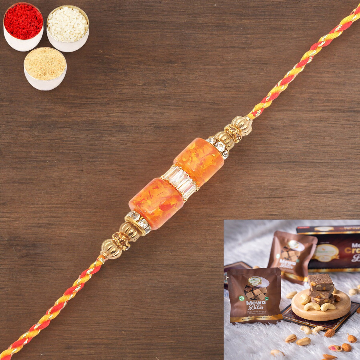 Rakhis Online Australia-RM598 - Orange Stone Bracelet Rakhi  with  Mewa Bites box