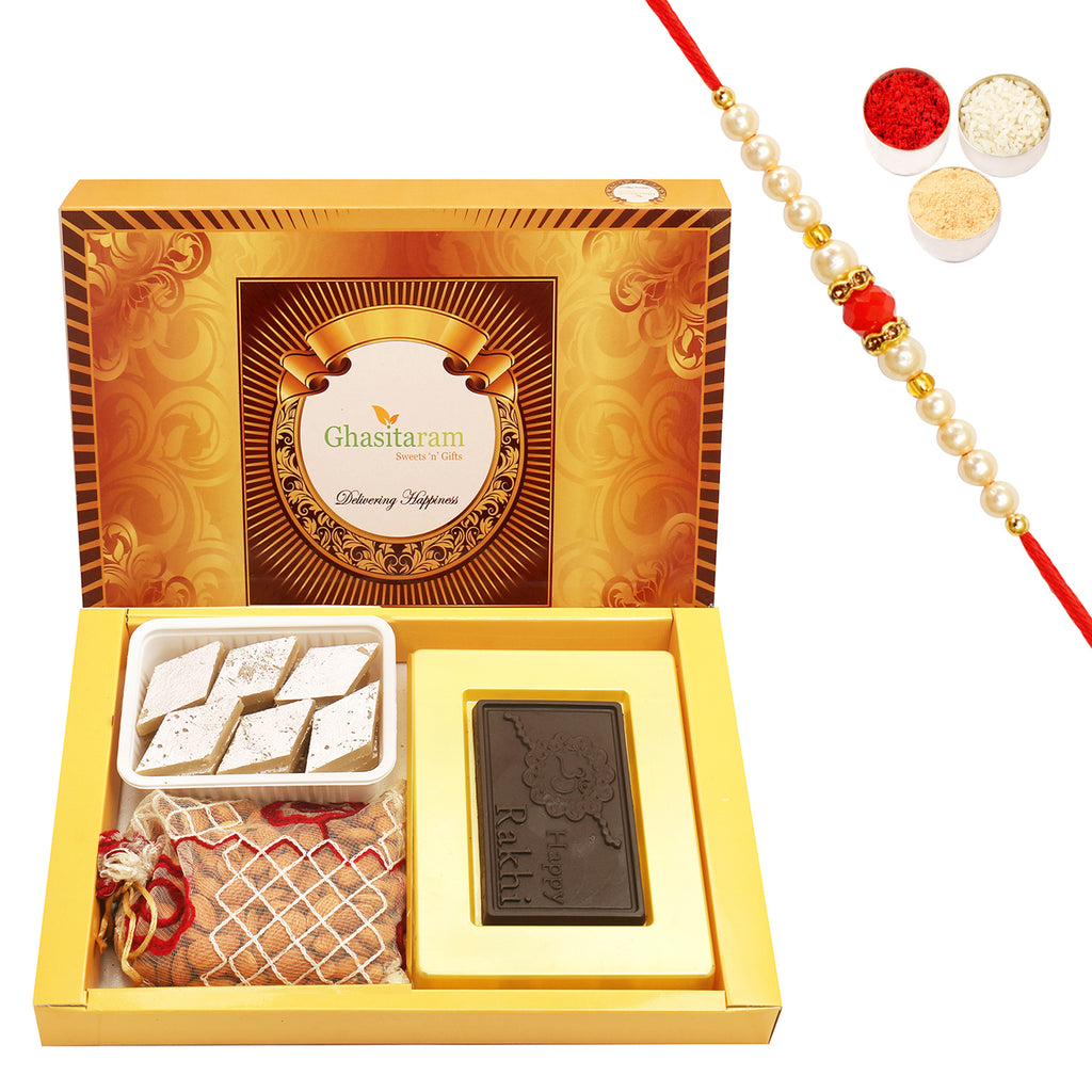 Big Box Of Happy Rakhi Chocolate, Almonds and Kaju Katli with Beads Rakhi