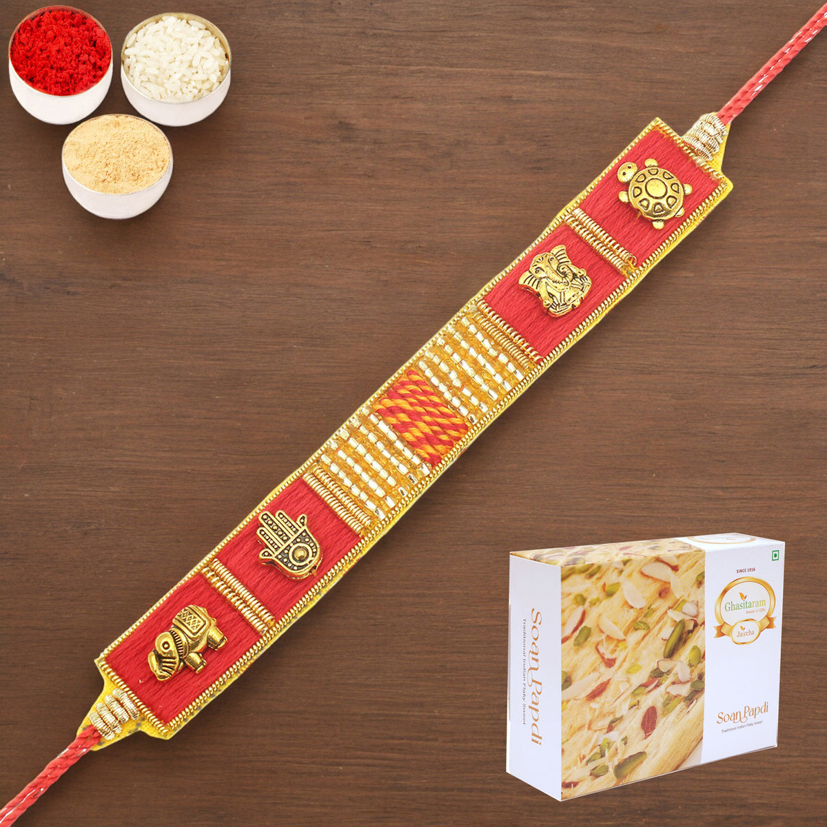 Rakhis Online UK-RM600 - Red Traditional Bracelet Rakhi  with 200 gms Soan Papdi