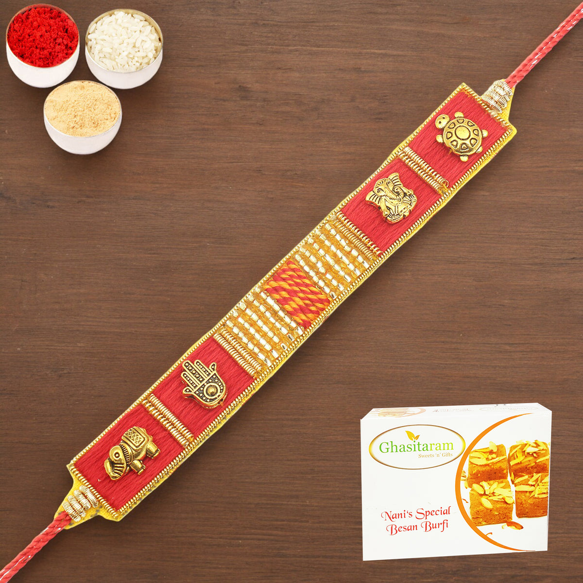 Rakhis Online UK-RM600 - Red Traditional Bracelet Rakhi  with 200 gms Besan Barfi