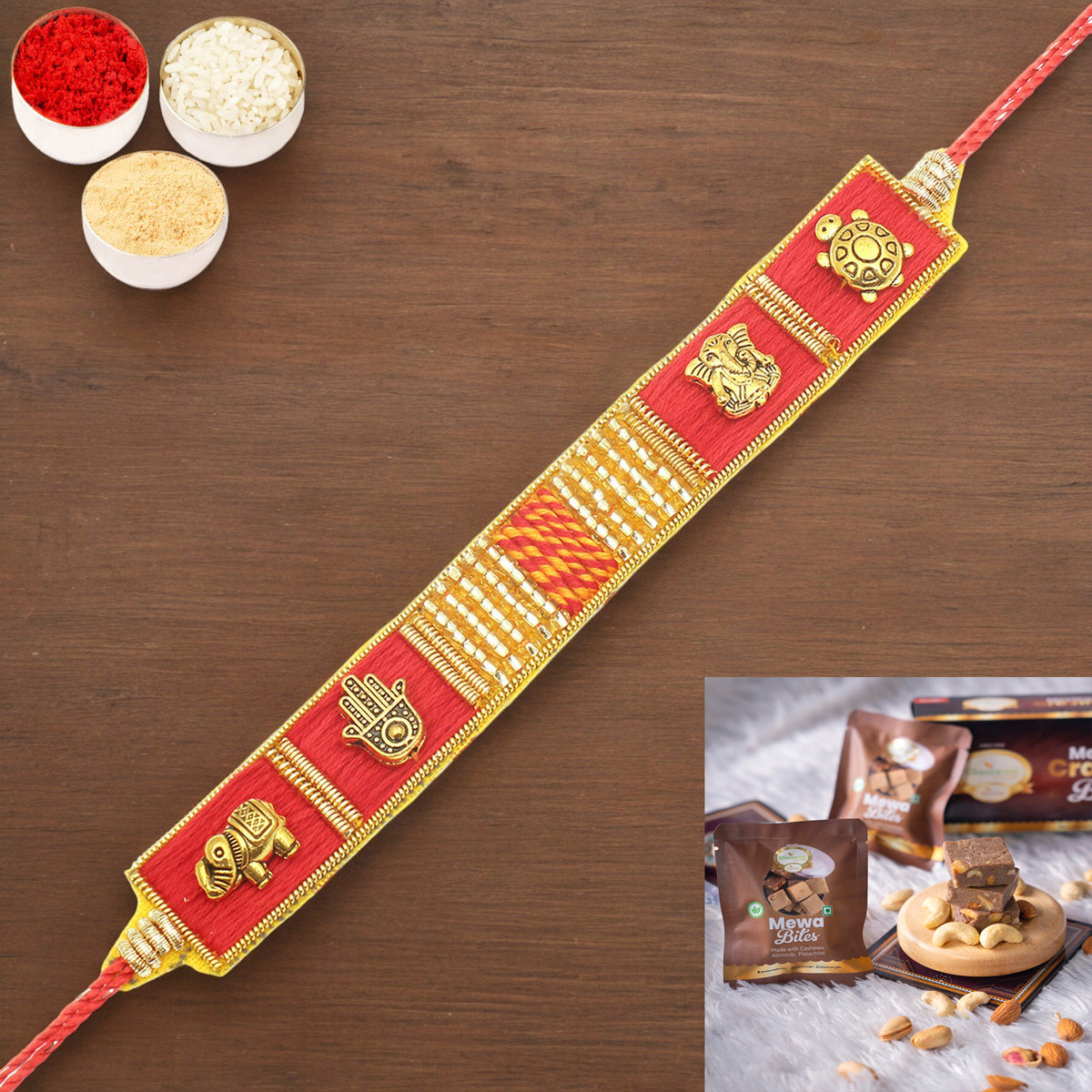 Rakhis Online UK-RM600 - Red Traditional Bracelet Rakhi  with  Mewa Bites box