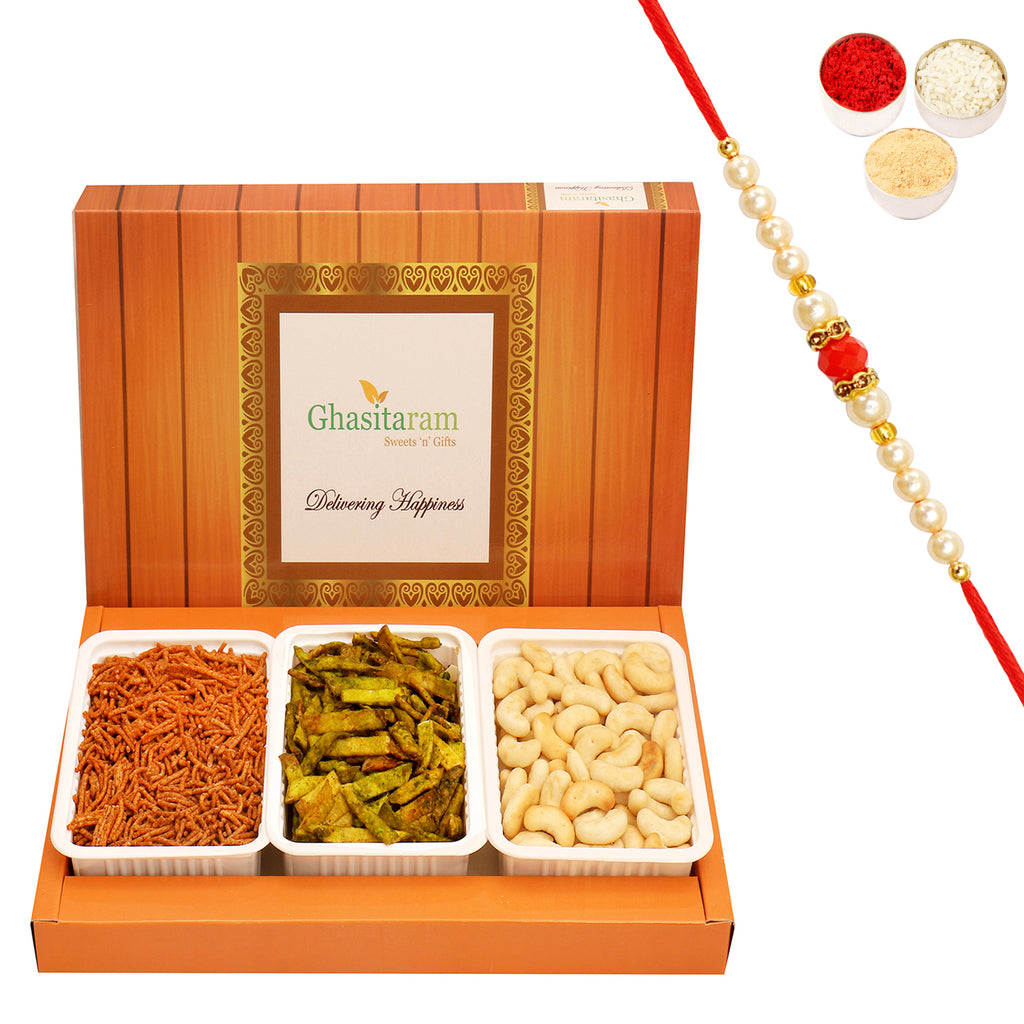 Assorted Box of Soya Sev, Cashew Shaped Biscuits and Palak Potato Chips with Beads Rakhi