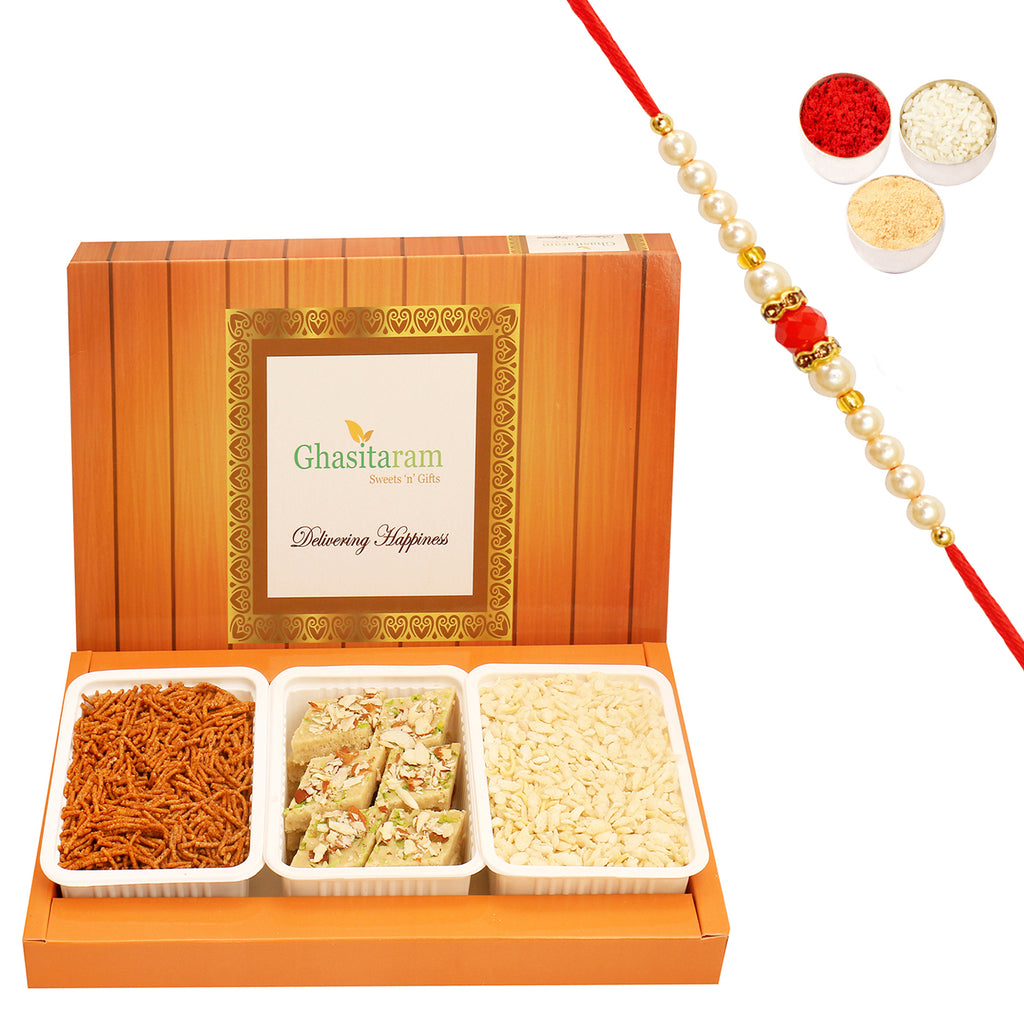 Assorted box of Sugarfree Kaju Katli, Diet Chiwda and Soya Sev with Beads Rakhi