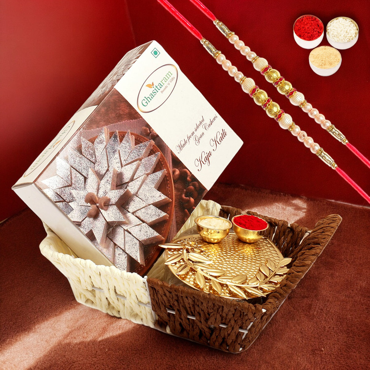Small Metal Brown Basket Of Kaju Katli and Pooja Thali with 2 Pearl Rakhis