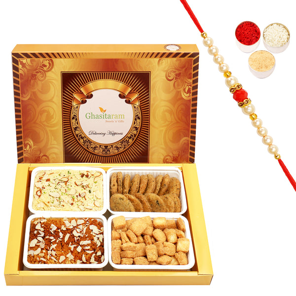 Big Box of Soan Papdi, dodha barfi, methi mathi and shakar pada with Beads Rakhi