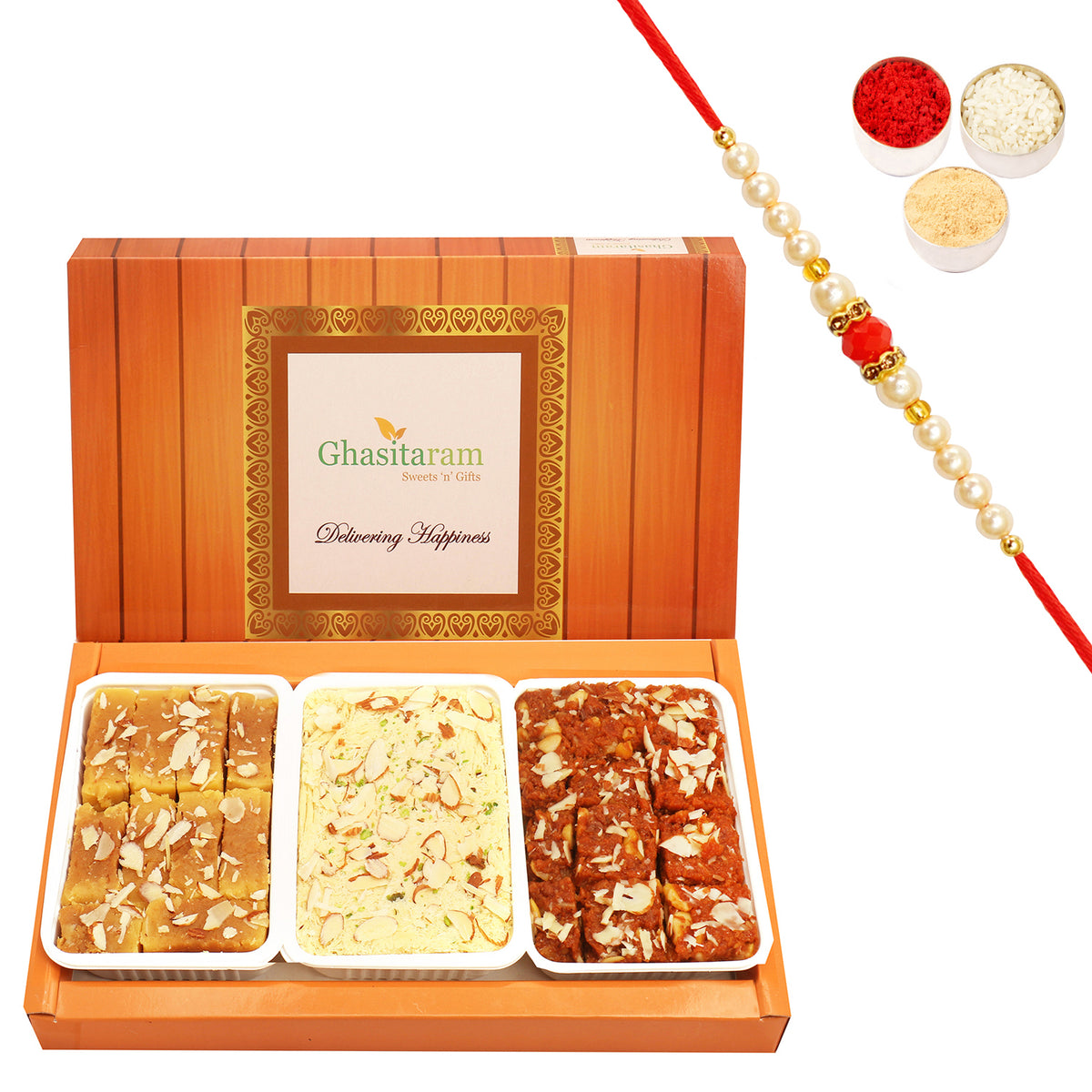 Soan Papdi, Dodha Barfi and Soft Mysore Pak with Beads Rakhi