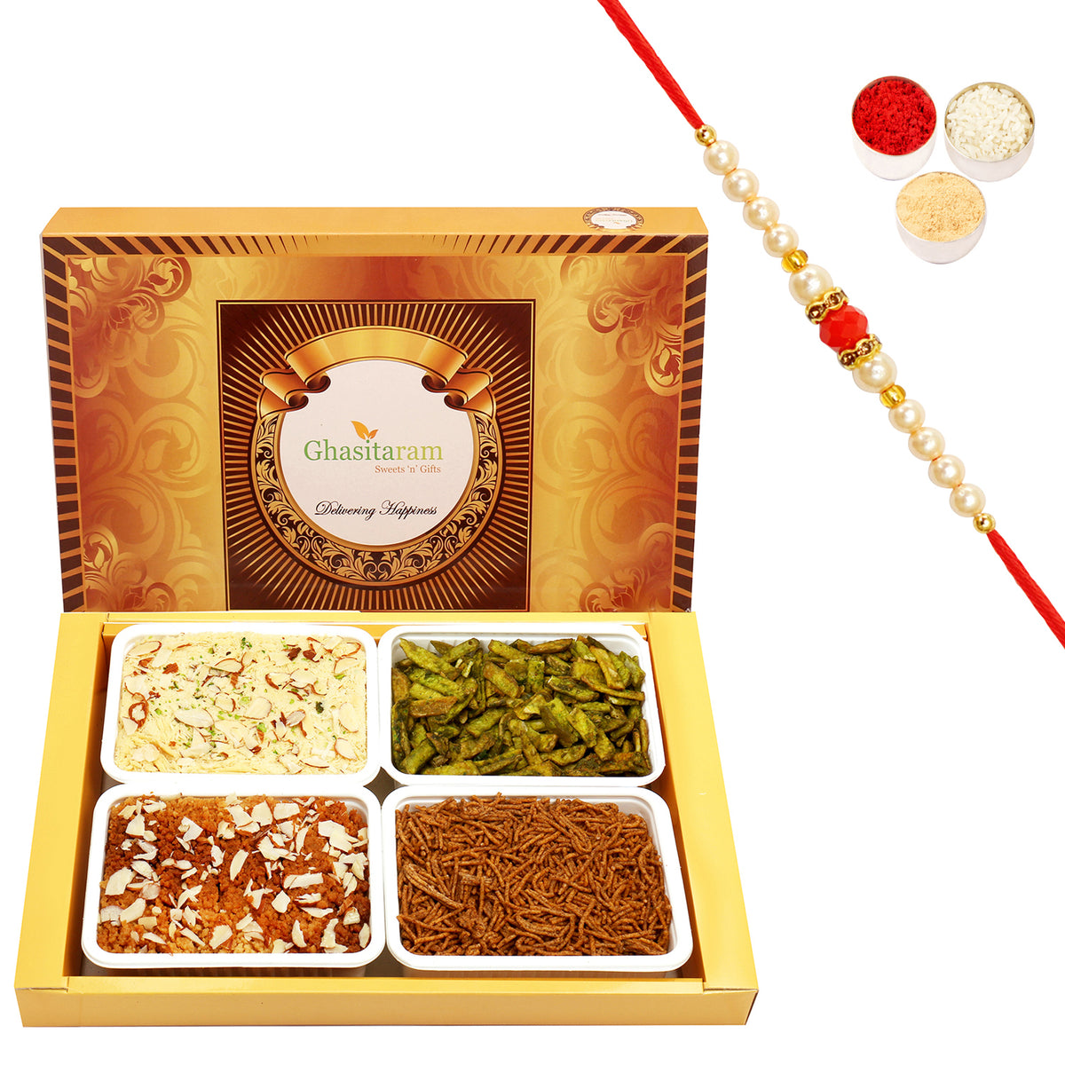 Big Box of Soan Papdi, Dodha Barfi, Potato Palak Chips and Soya Sev with Beads Rakhi