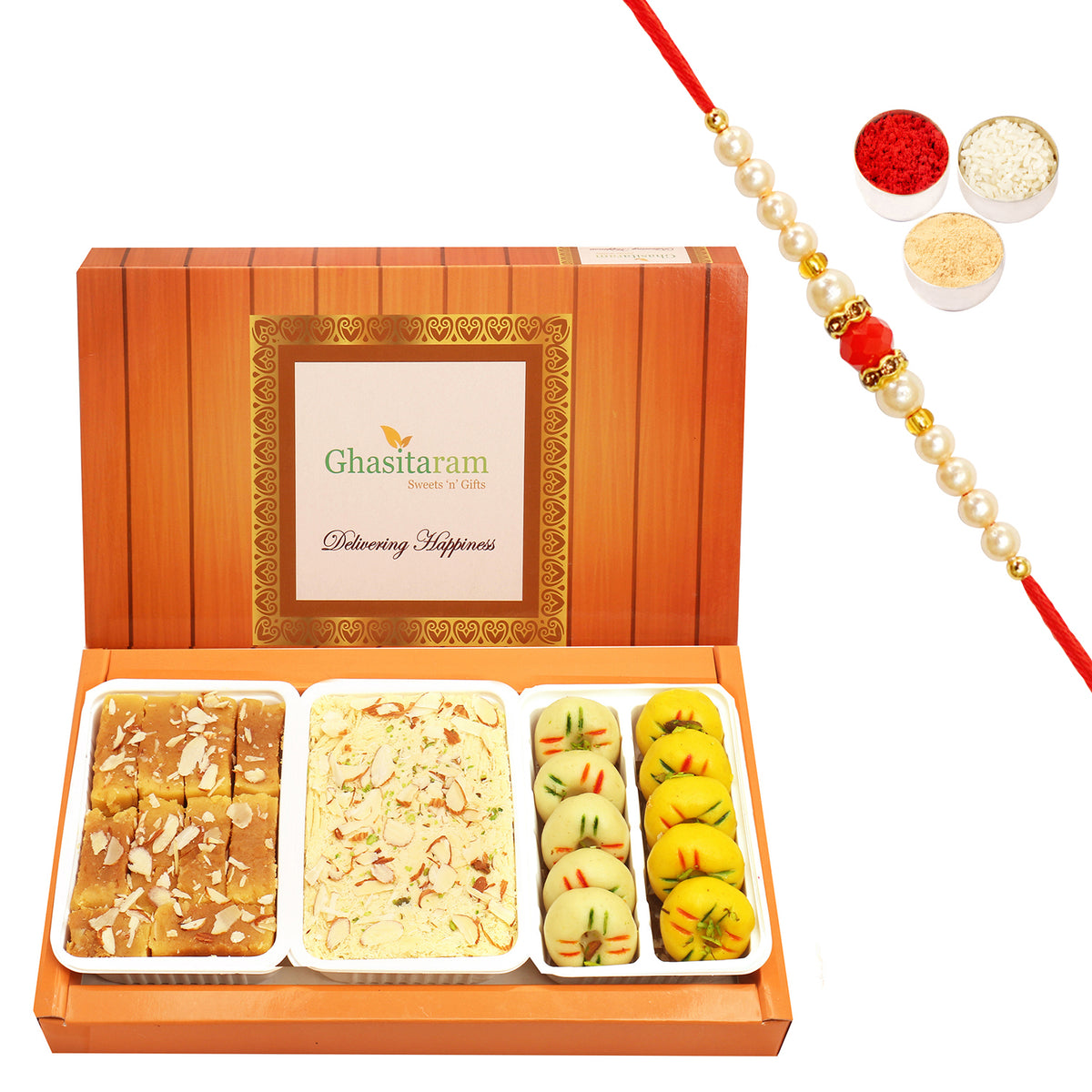 Soan Papdi, Mawa Peda and Mysore Pak with Beads Rakhi