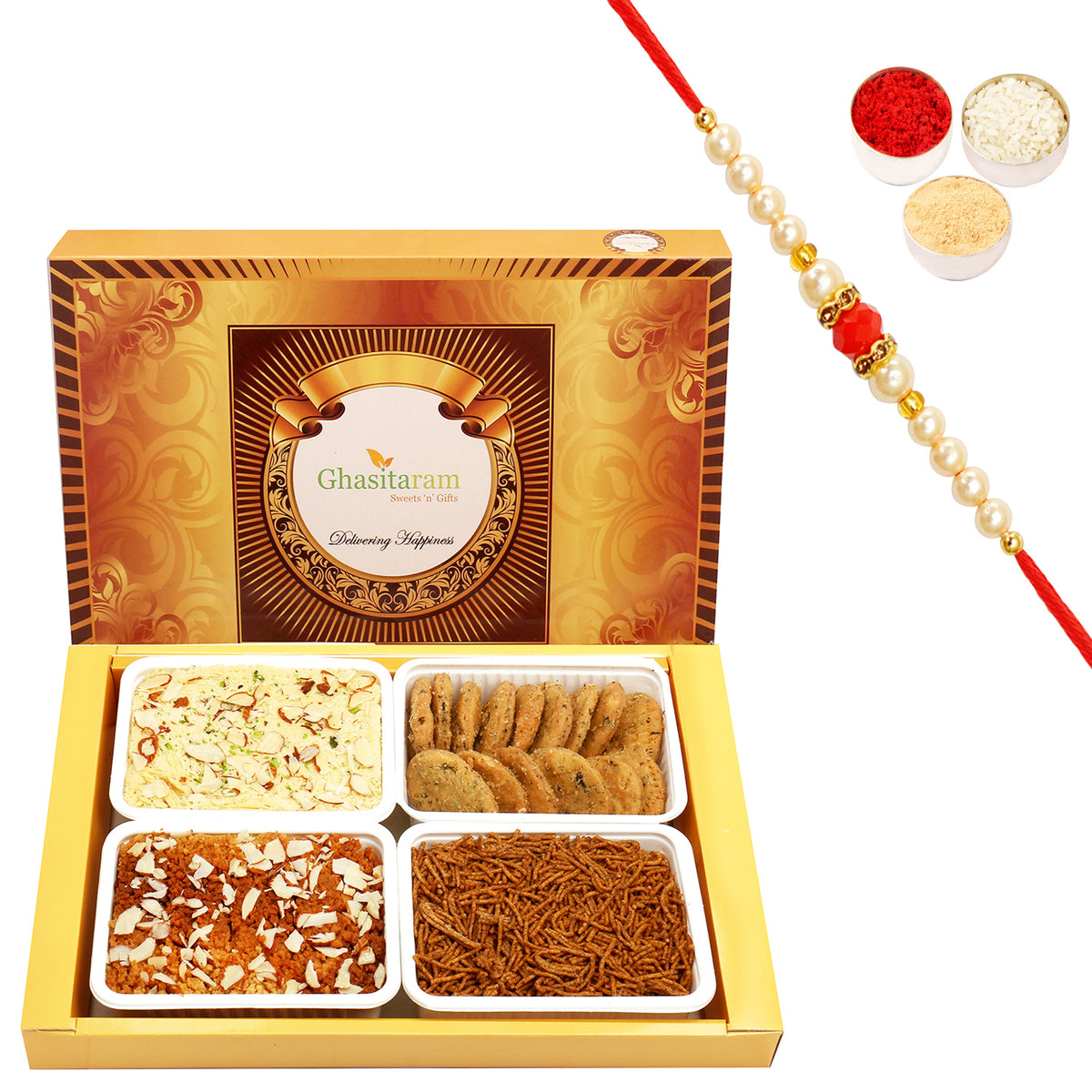 Big Box of Soan Papdi, Milk Cake, Methi Mathi and Soya Sev with Beads Rakhi