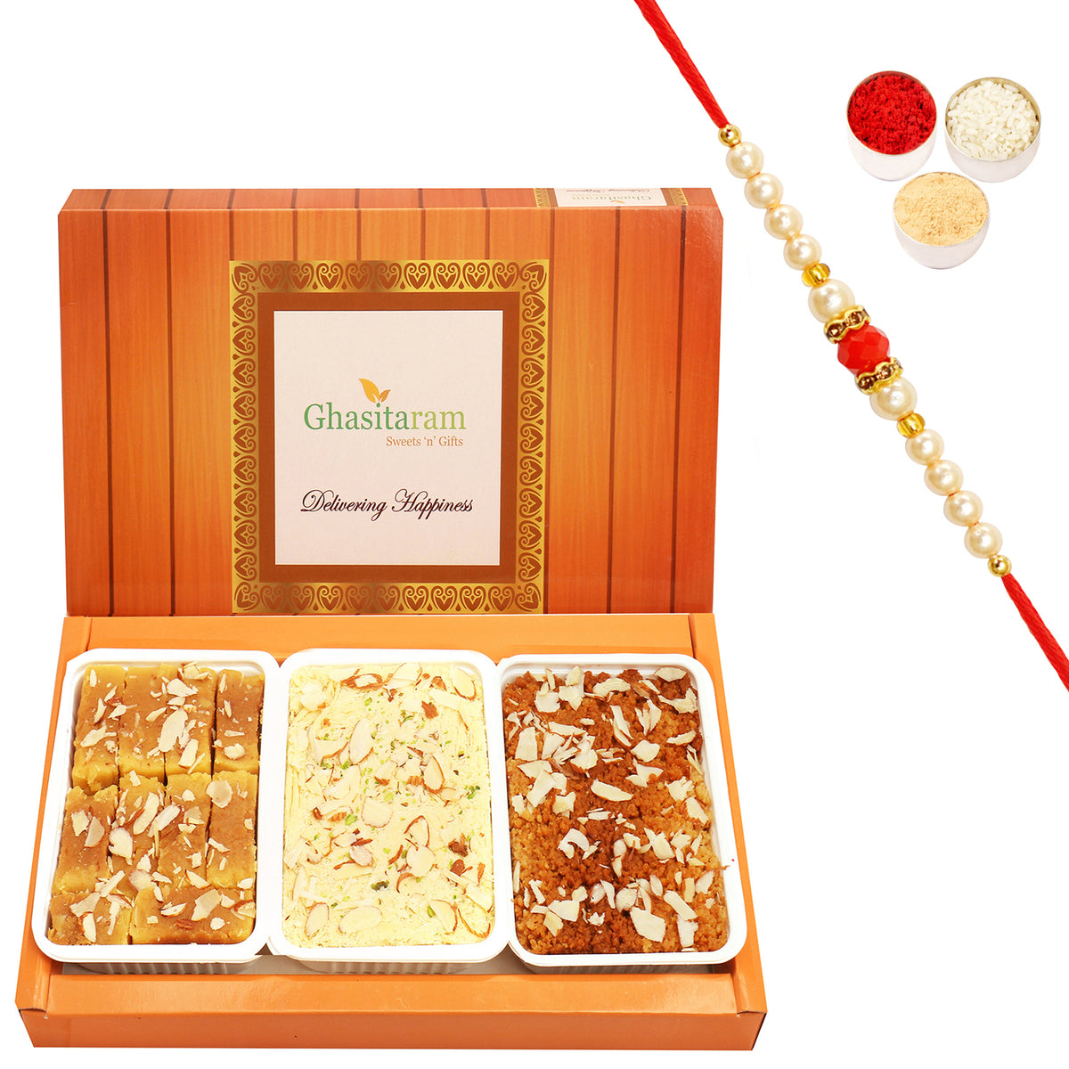 Soan Papdi, Milk Cake and Soft Mysore Pak with Beads Rakhi
