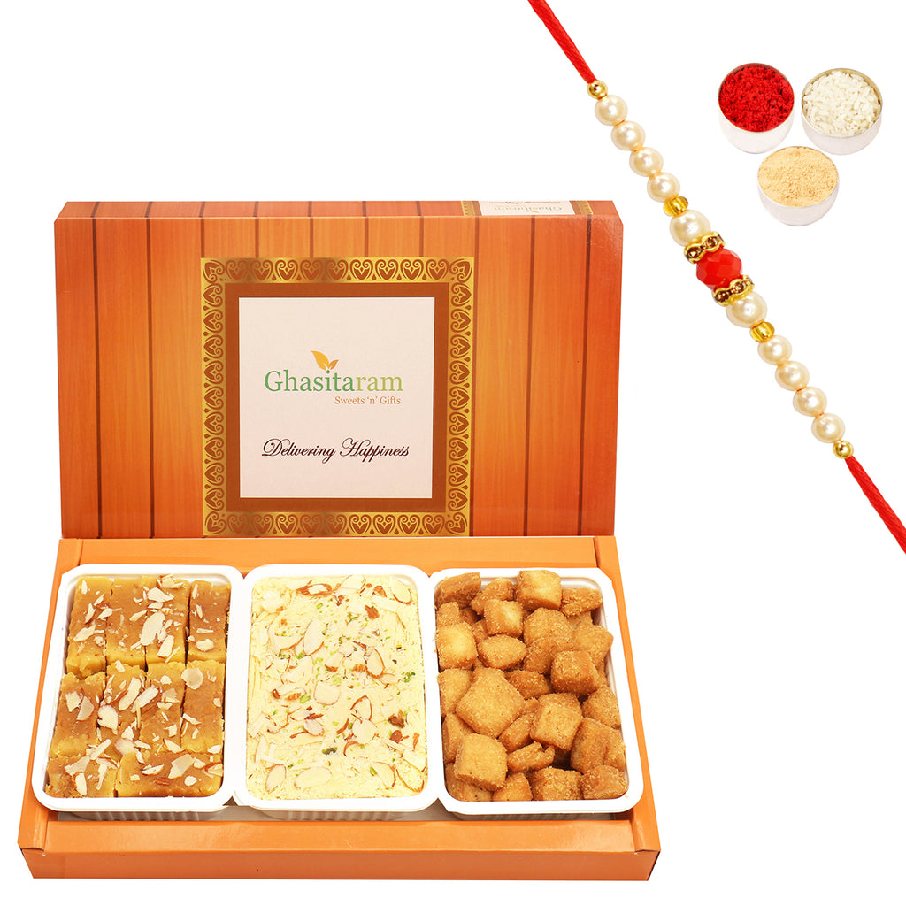 Soan Papdi, Soft Mysore Pak and Shakar Pada with Beads Rakhi