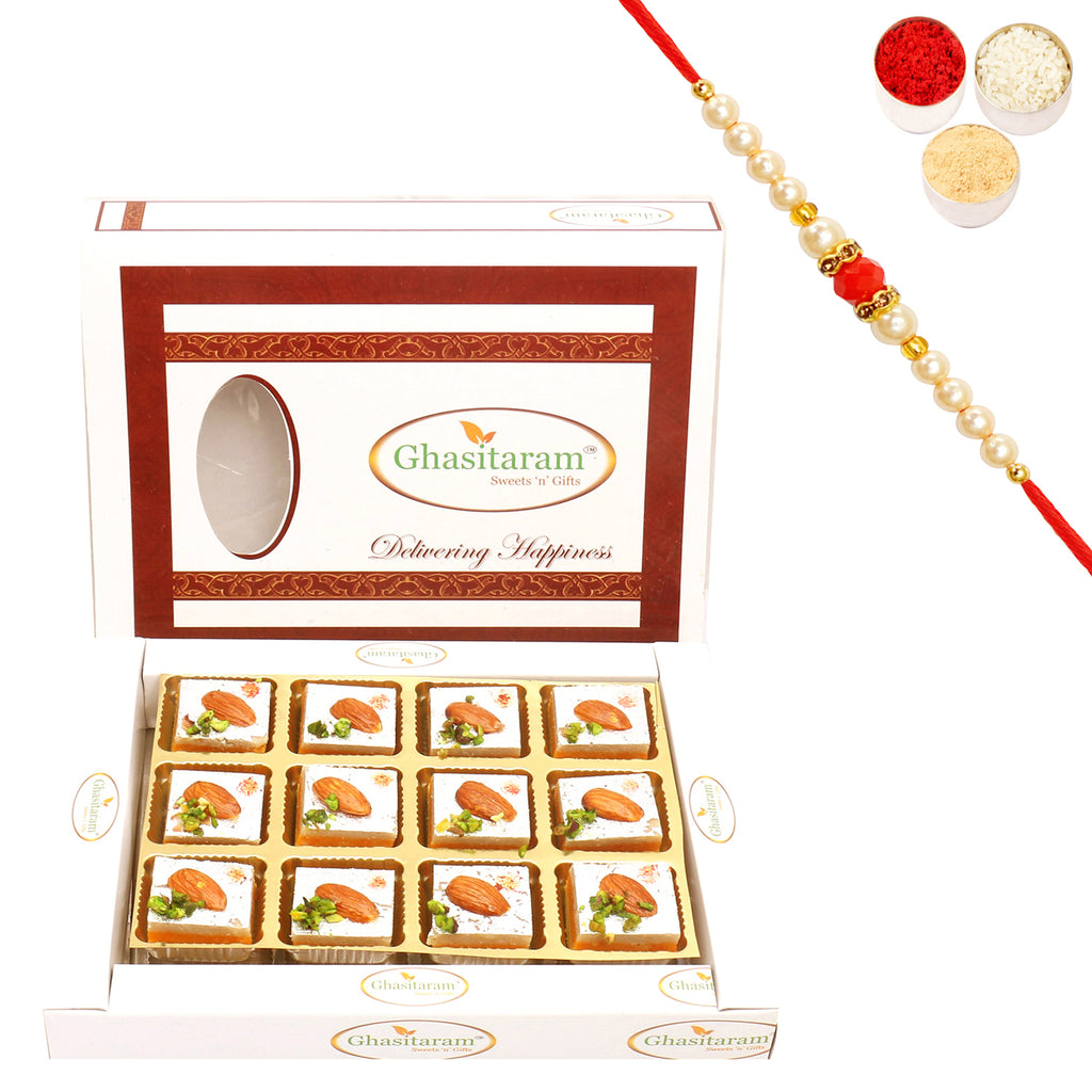 Tirangi Kaju Barfi in White Box with Beads Rakhi