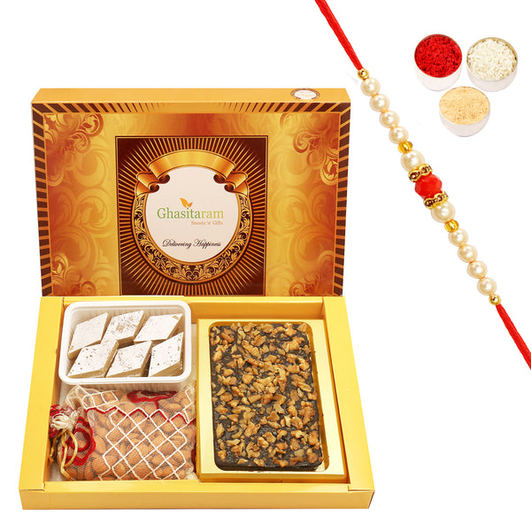 Big Box Of Walnut Chocolate Bark, Almonds and Kaju Katli with Beads Rakhi