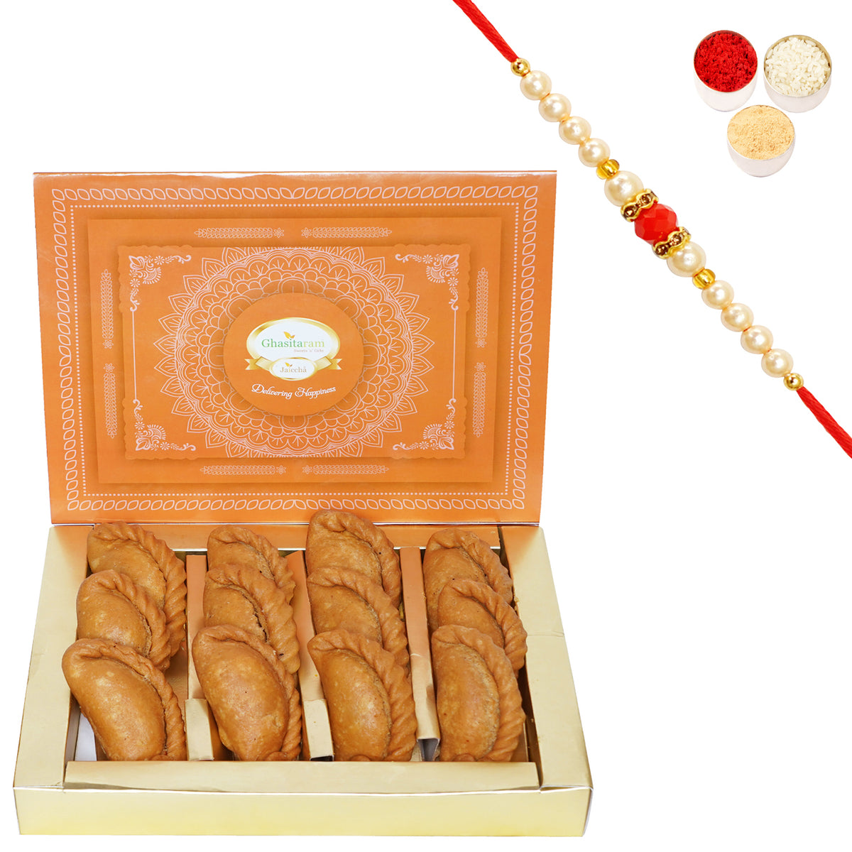 Ghasitaram's Sweets Healthy Wheat Gujiya 200 gms with Pearl Beads Rakhi