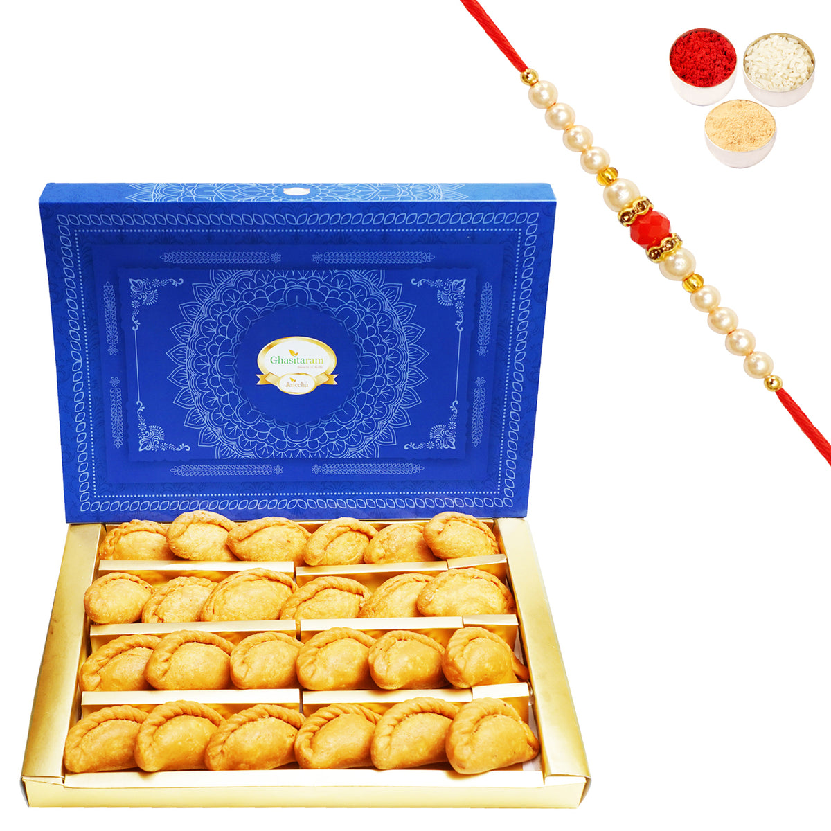 Ghasitaram's Sweets Healthy Wheat Gujiya 200 gms with Pearl Beads Rakhi