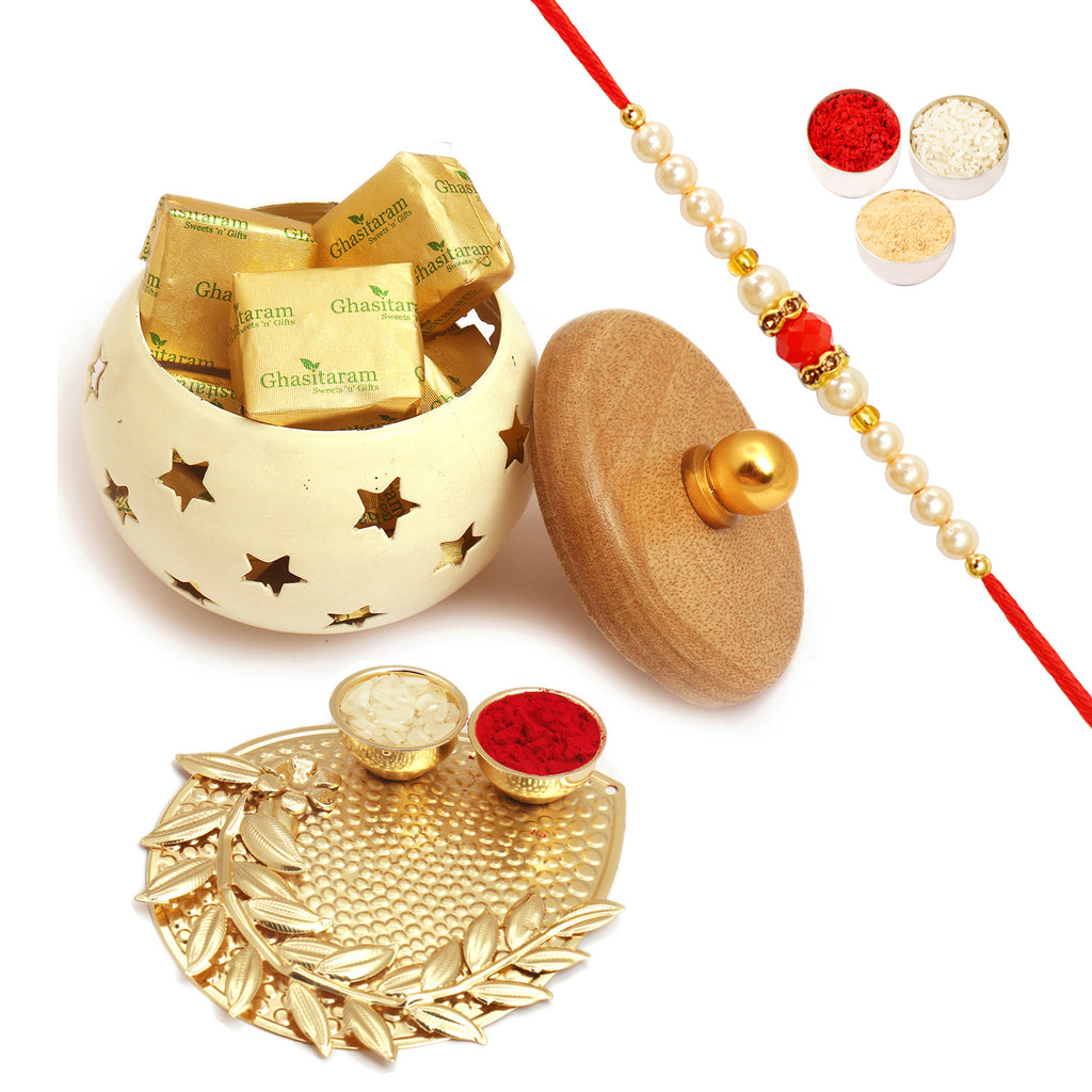 White Wooden Mewa Bites Jar with Pooja Thali with Pearl Beads Rakhi