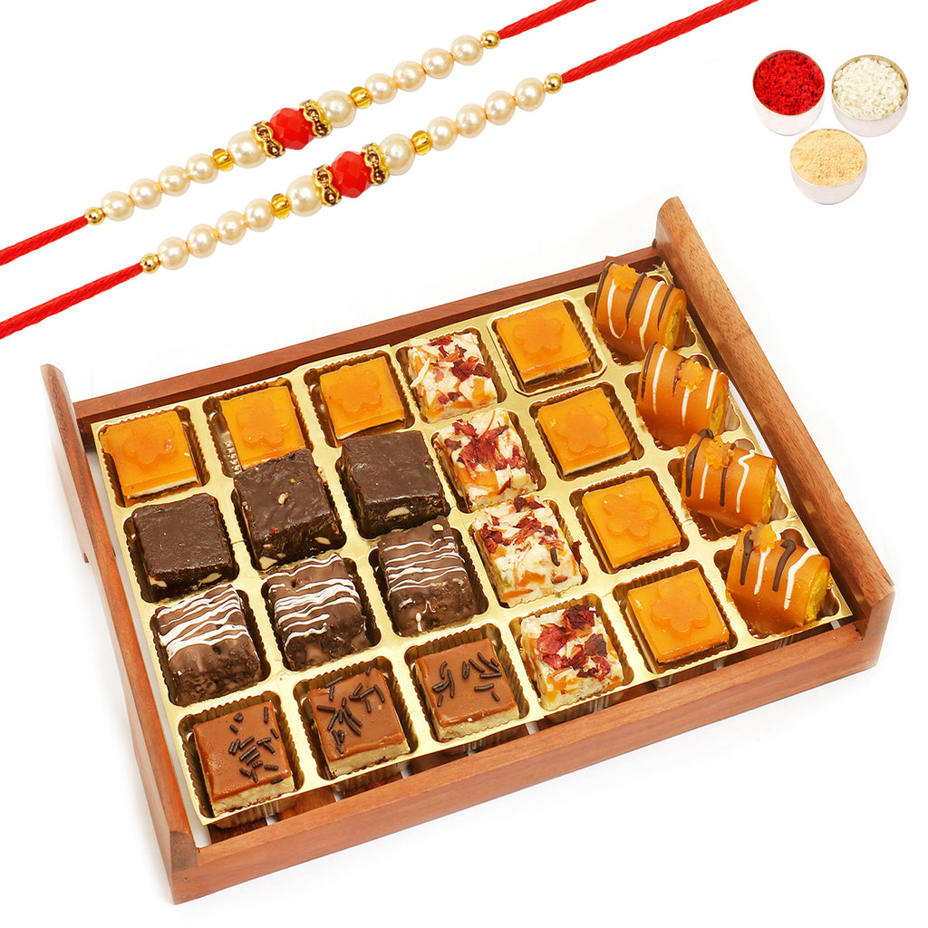 Wooden Mango Delight and Rakhi Special Sweets Serving Tray with 2 Pearl Beads Rakhi