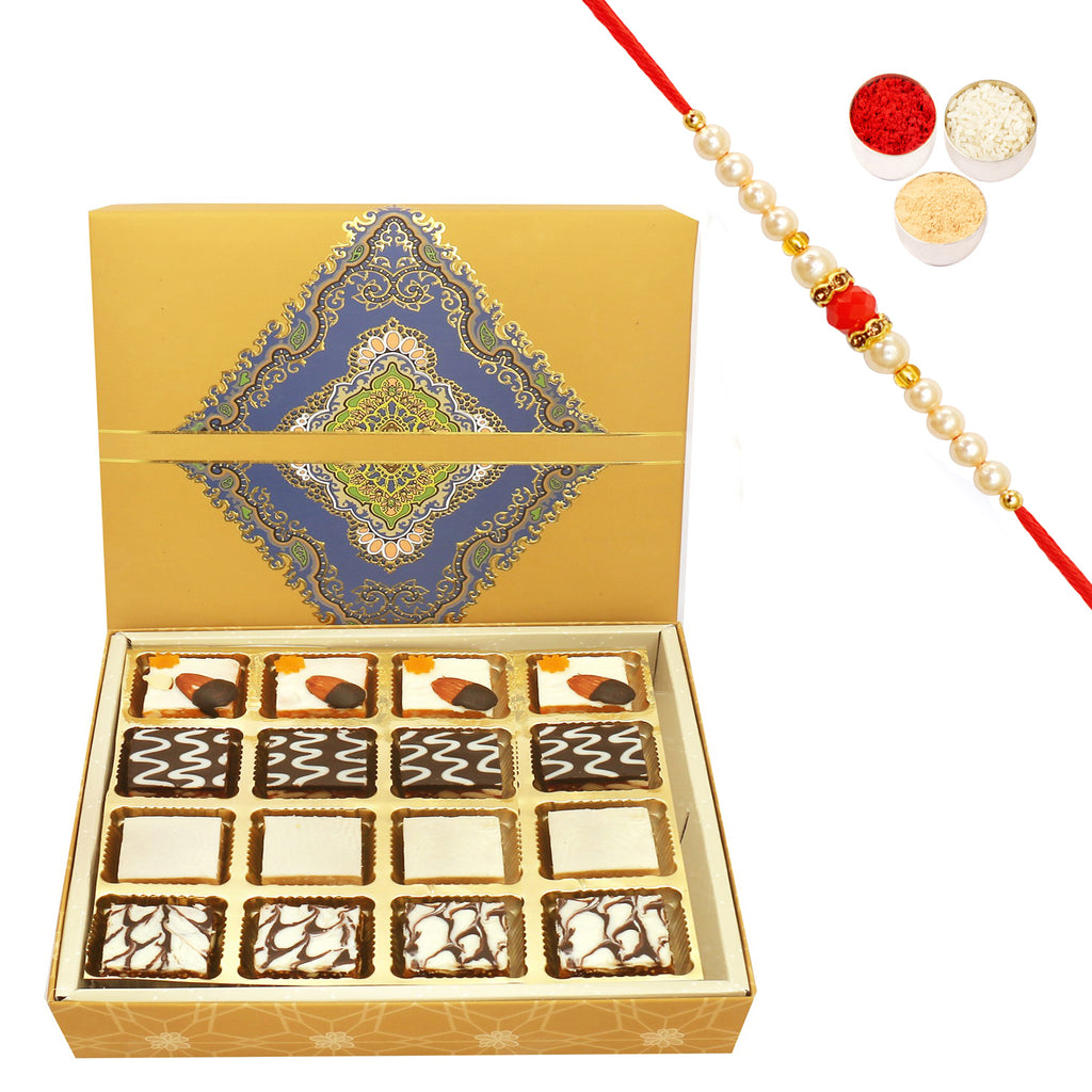 16 pcs Assorted Choco Dryfruit Bites SQ Box with Pearl Beads Rakhi