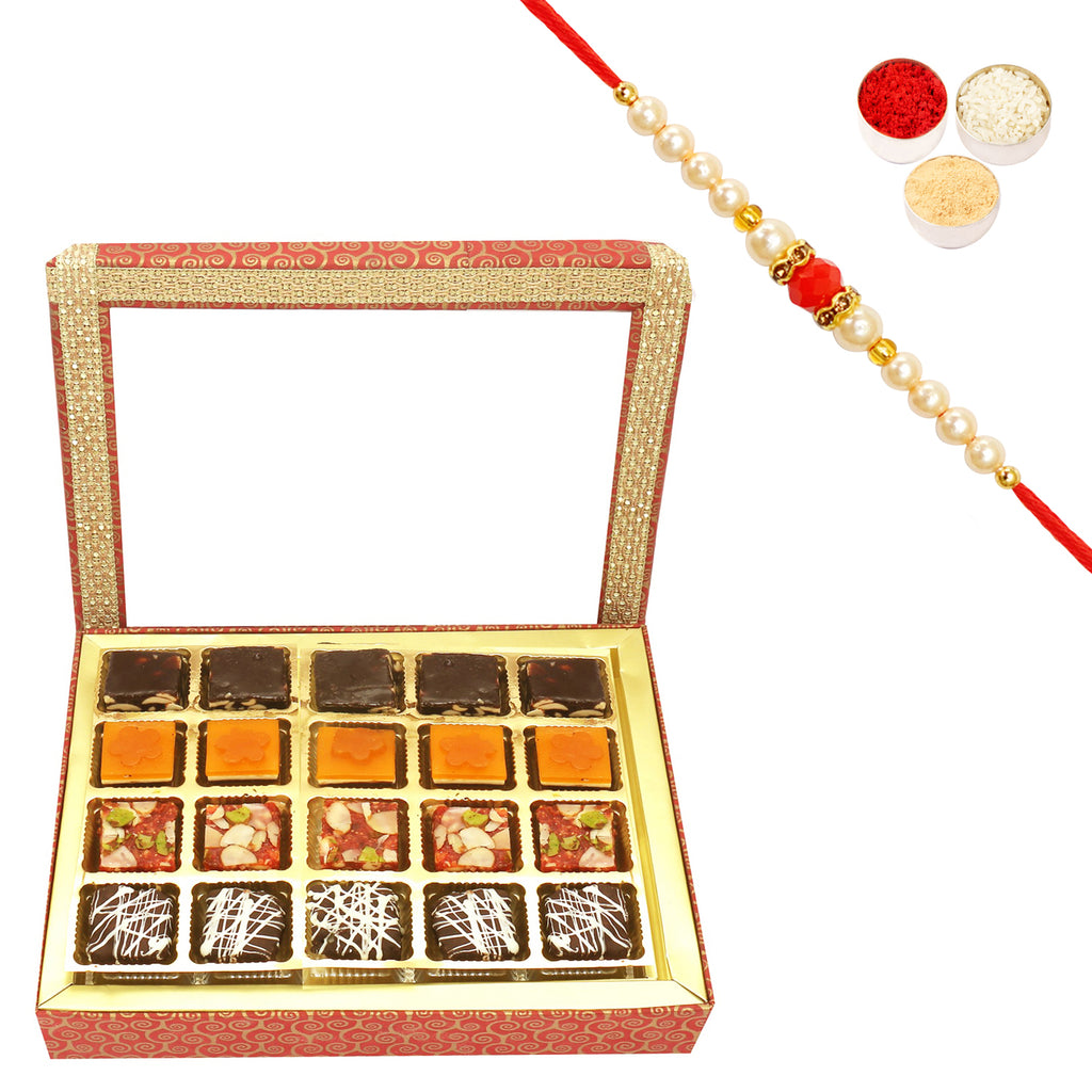 20 pcs Ghasitaram Special Bites Hamper Box with Pearl Beads Rakhi