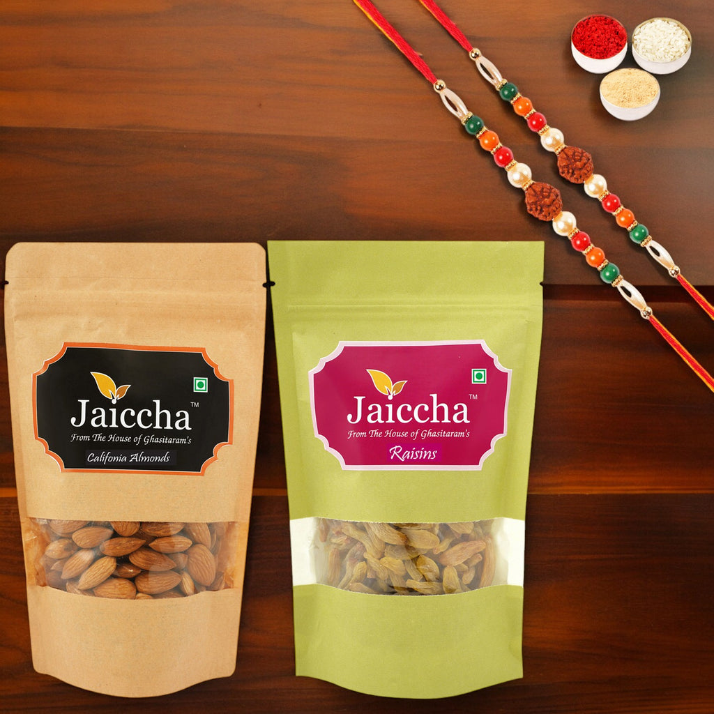 Almonds 100 gms and Raisins 100 gms Pouches with 2 Rudraksh Rakhis
