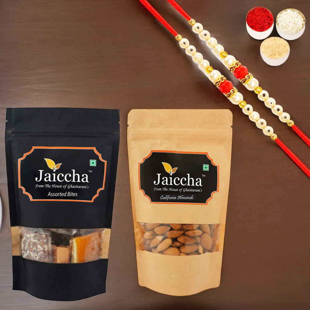 Pack of 2 Assorted Bites 100 gms and Almonds 100 gms Pouches with 2 Pearl Beads Rakhis