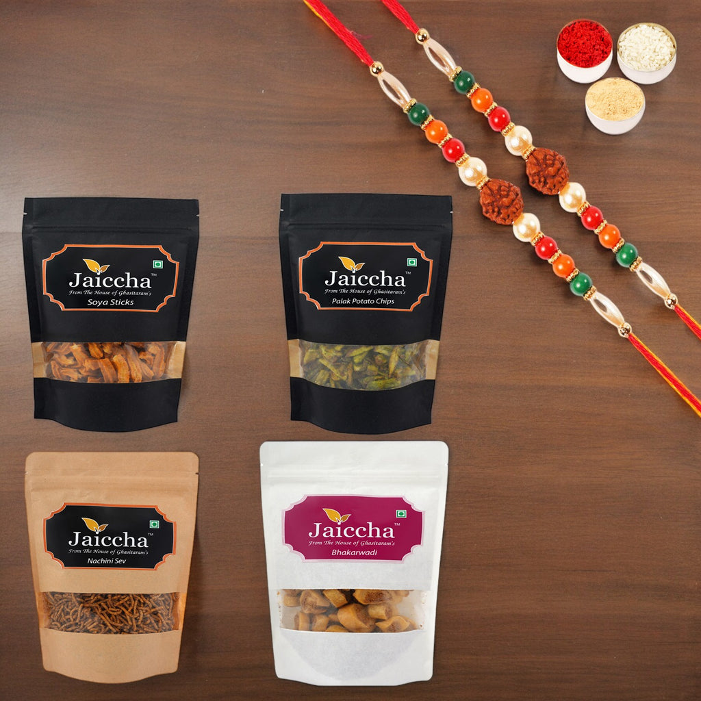 Pack of 4 Nachini Sev, Bhakar Wadi, Palak Potato Chips and Soya Sticks with 2 Rudraksh Rakhis