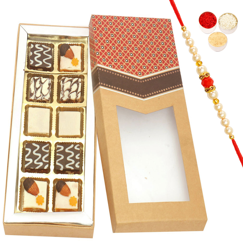 10 pcs Assorted Choco Dryfruit Bites Kraft Box with Pearl Beads Rakhi