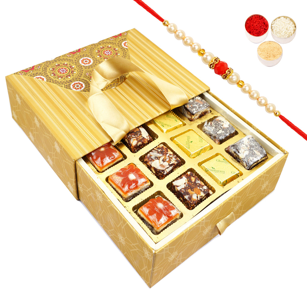 Bag box with Assorted Bites with Pearl Beads Rakhi