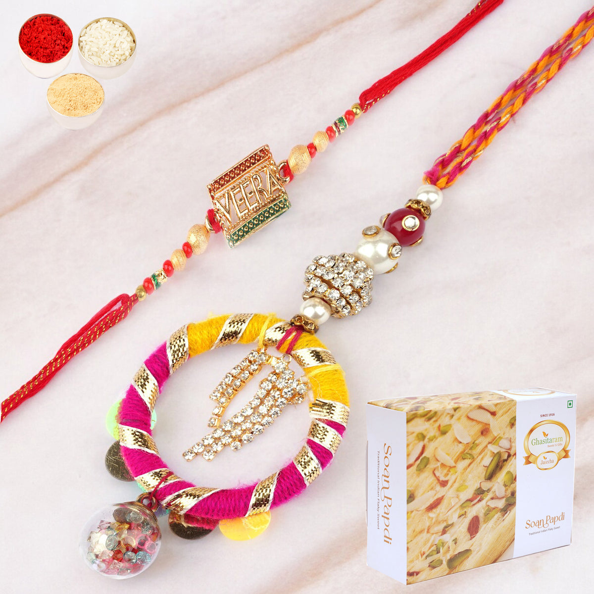 Rakhis Online UK- RM-130 Bhaiya Bhabhi rakhi with 200 gms Soan Papdi