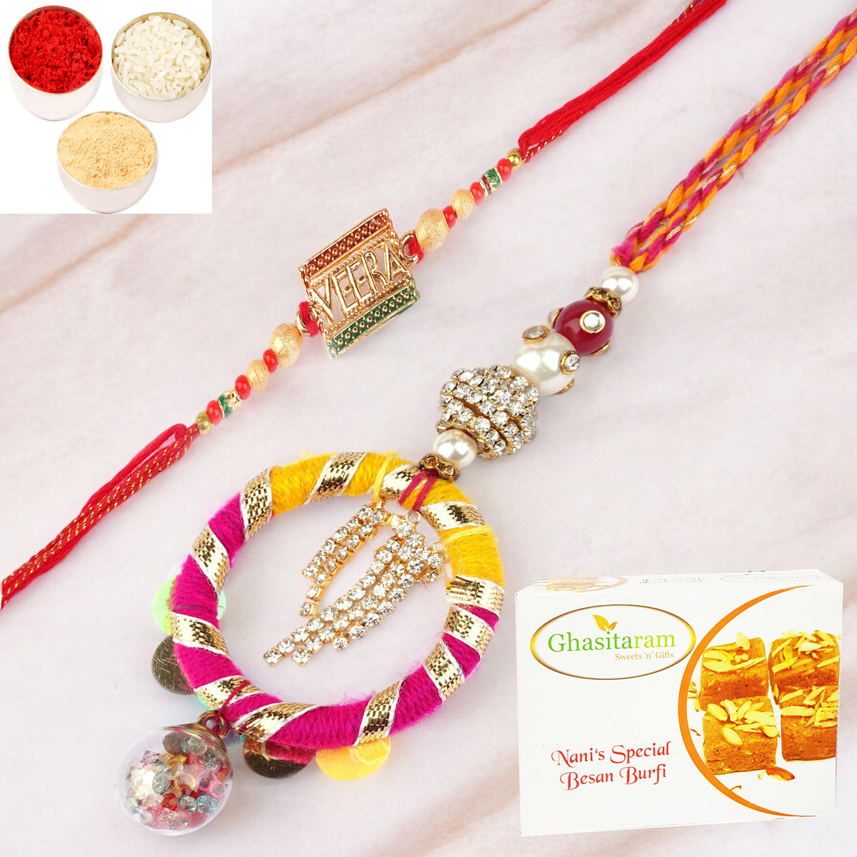 Rakhis Online UK- RM-130 Bhaiya Bhabhi rakhi with 200 gms Besan Barfi