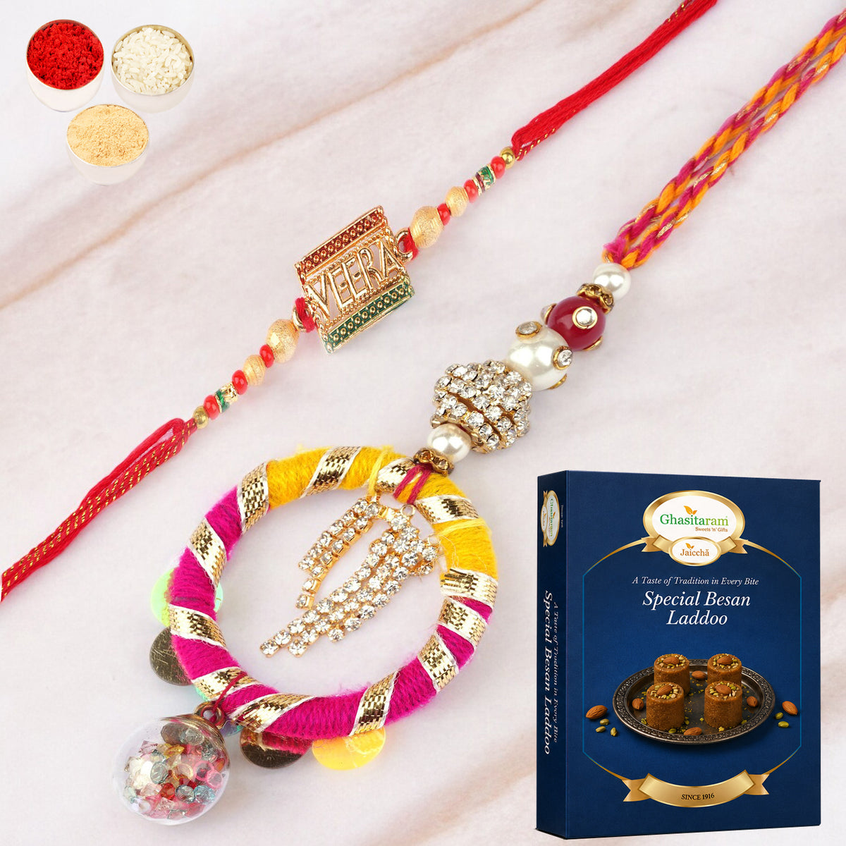  RM-130 Bhaiya Bhabhi rakhi with 200 gms of Besan Laddoo