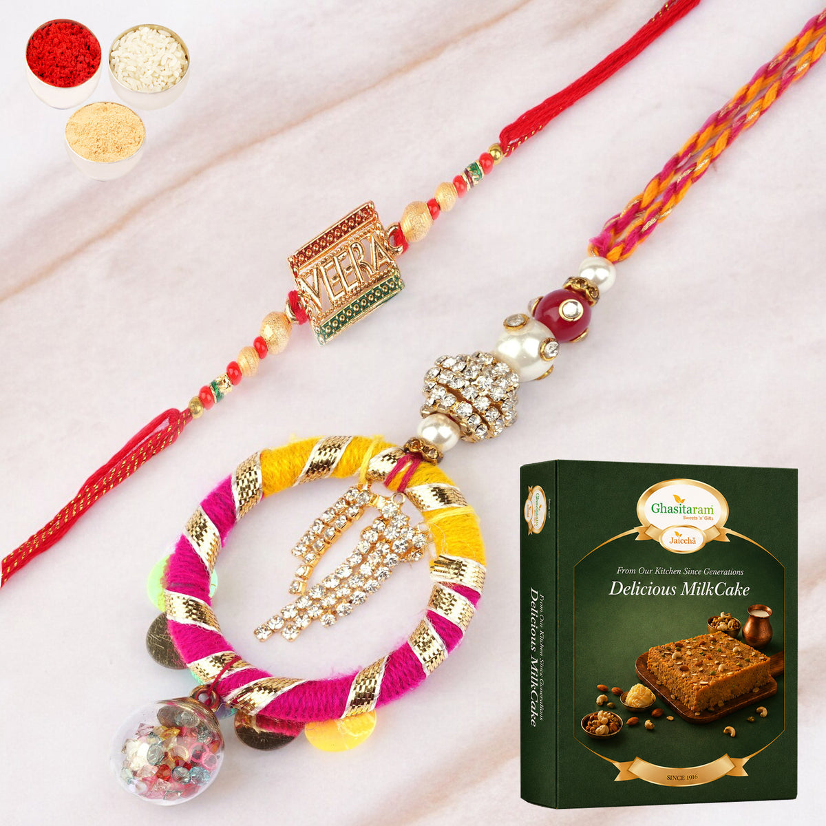  RM-130 Bhaiya Bhabhi rakhi with 200 gms of Milk Cake