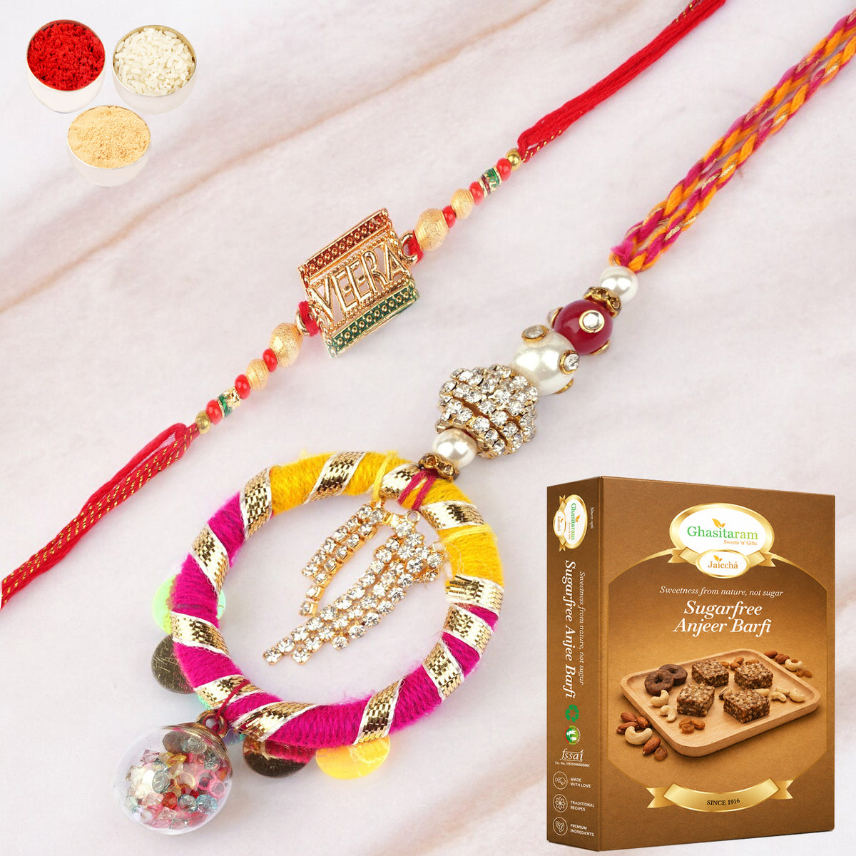  RM-130 Bhaiya Bhabhi rakhi with 200 gms of Sugarfree Anjeer Barfi
