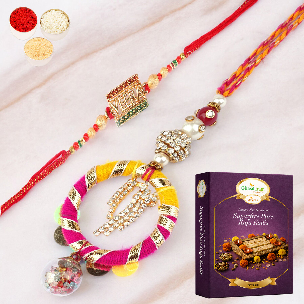  RM-130 Bhaiya Bhabhi rakhi with 200 gms of Sugarfree Kaju katli