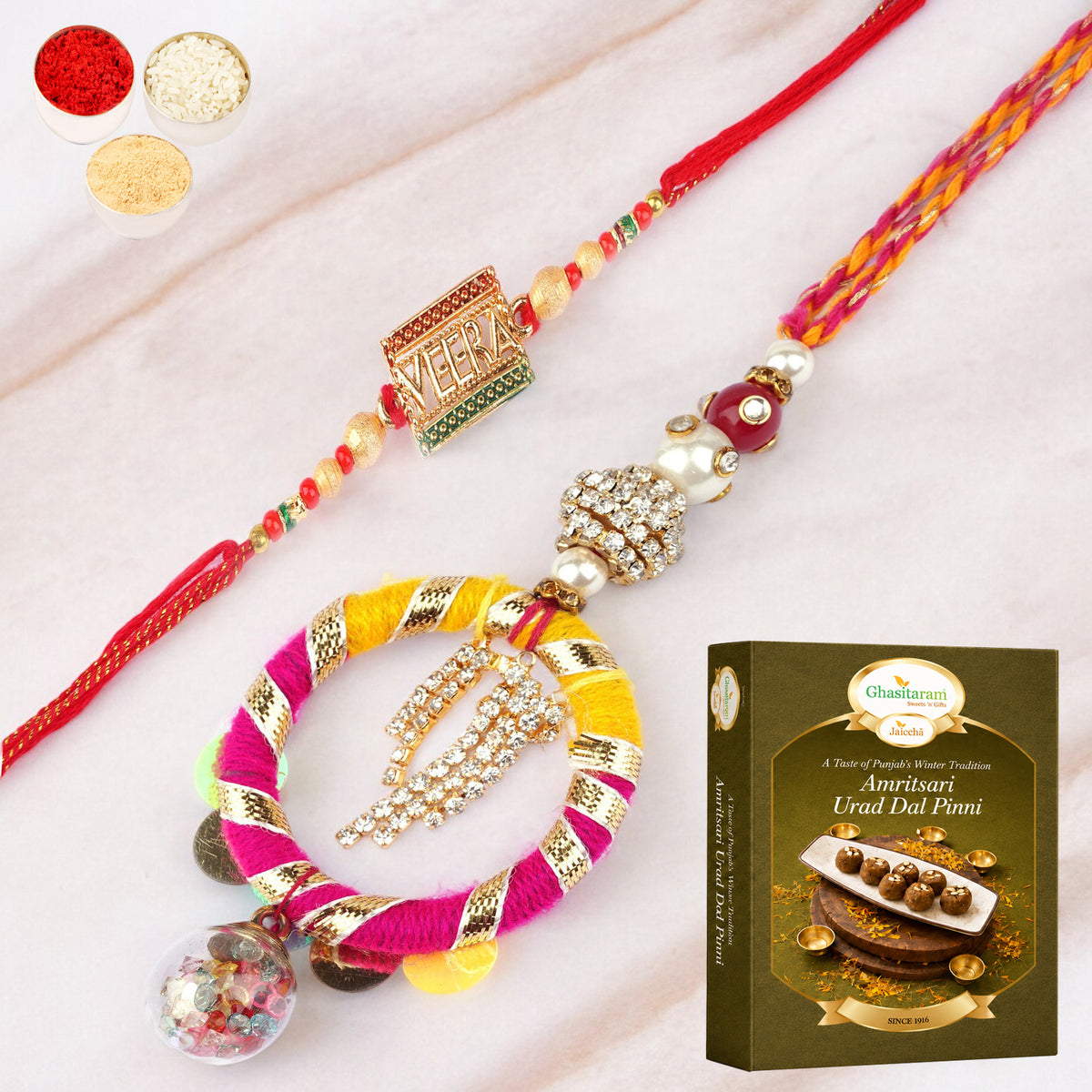  RM-130 Bhaiya Bhabhi rakhi with 200 gms of Pinni 
