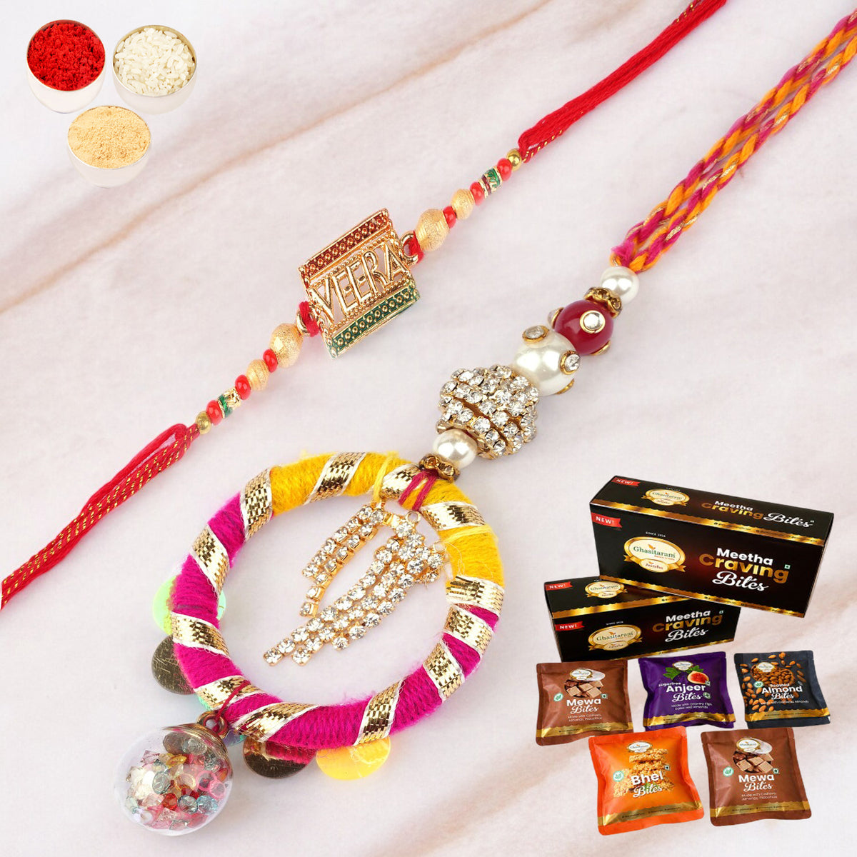  RM-130 Bhaiya Bhabhi rakhi with Asorted bites box
