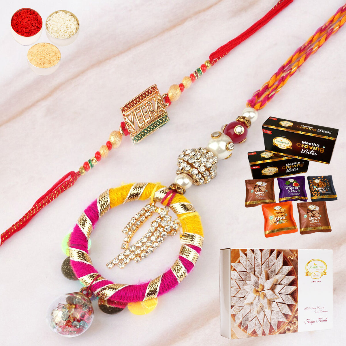  RM-130 Bhaiya Bhabhi rakhi with Asorted bites box and 200 gms of Kaju katli