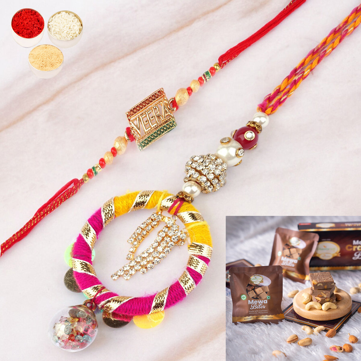 Rakhis Online Australia-  RM-130 Bhaiya Bhabhi rakhi with  Mewa Bites box