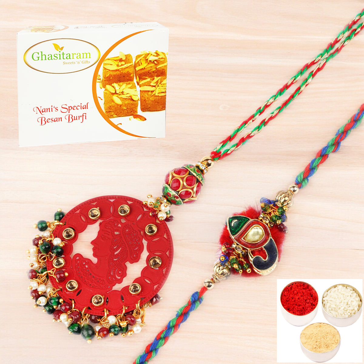 Rakhis Online Australia-  RM-140 Bhaiya Bhabhi rakhi with 200 gms Besan Barfi