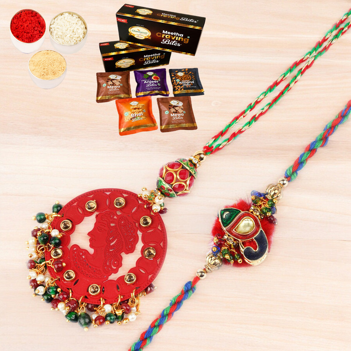  RM-140 Bhaiya Bhabhi rakhi with Asorted bites box
