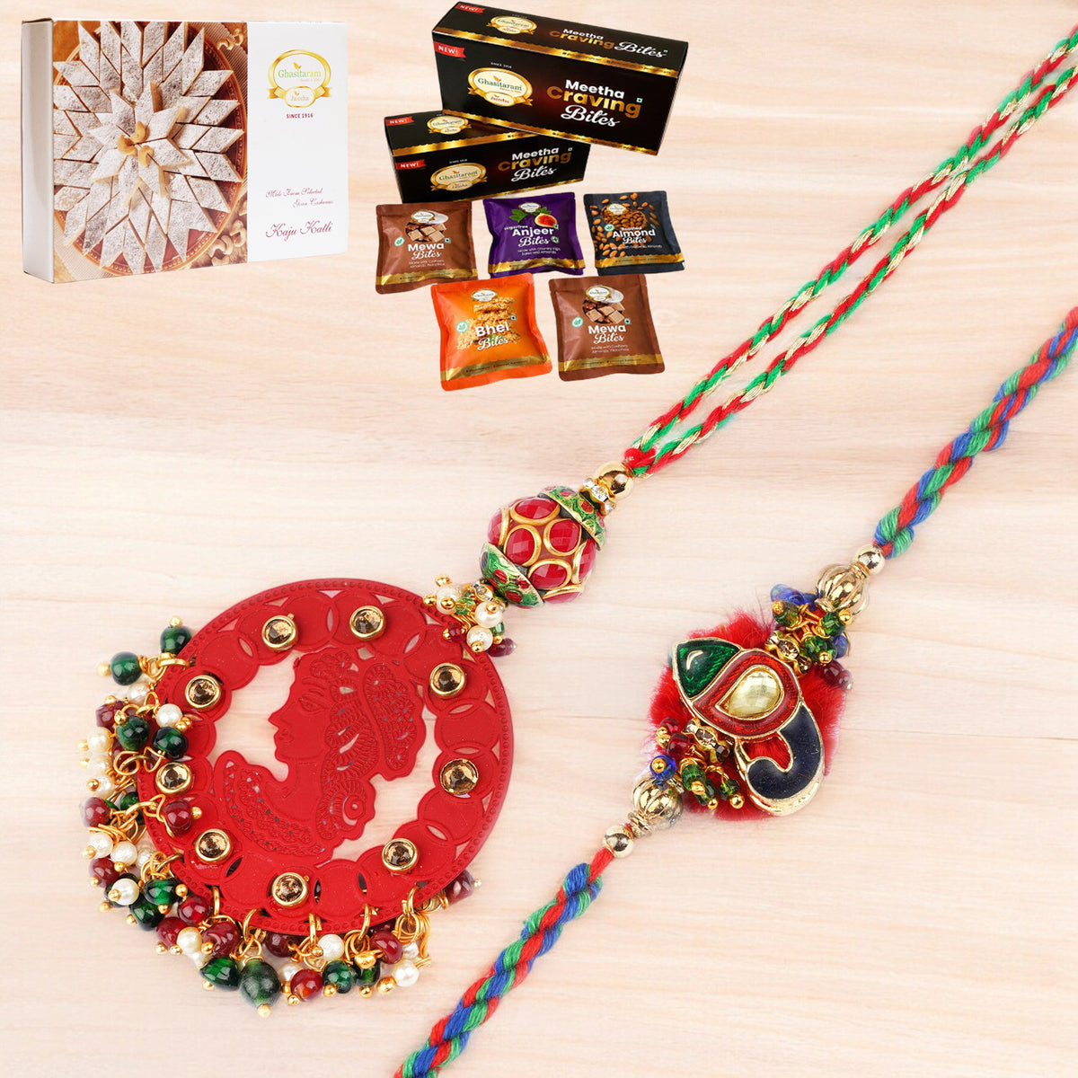  RM-140 Bhaiya Bhabhi rakhi with Asorted bites box and 200 gms of Kaju katli